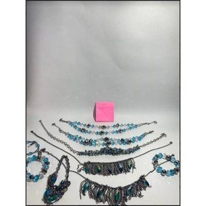 Blue and Teal Jewelry of Chain Beaded Necklaces and Bracelets 9 total